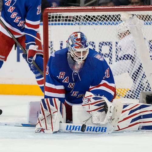 New York Rangers goaltender Igor Shesterkin (31) defends the goal during the second period of an NHL hockey game, Saturday, Nov. 29, 2025, in New York. (AP Photo/Yuki Iwamura)