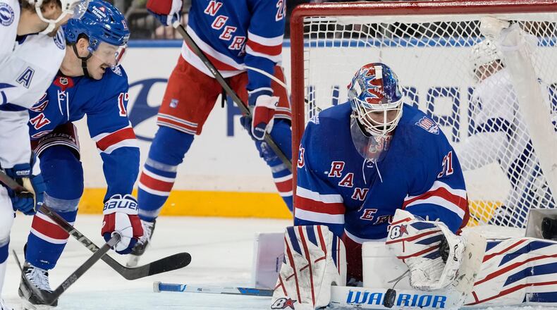 New York Rangers goaltender Igor Shesterkin (31) defends the goal during the second period of an NHL hockey game, Saturday, Nov. 29, 2025, in New York. (AP Photo/Yuki Iwamura)