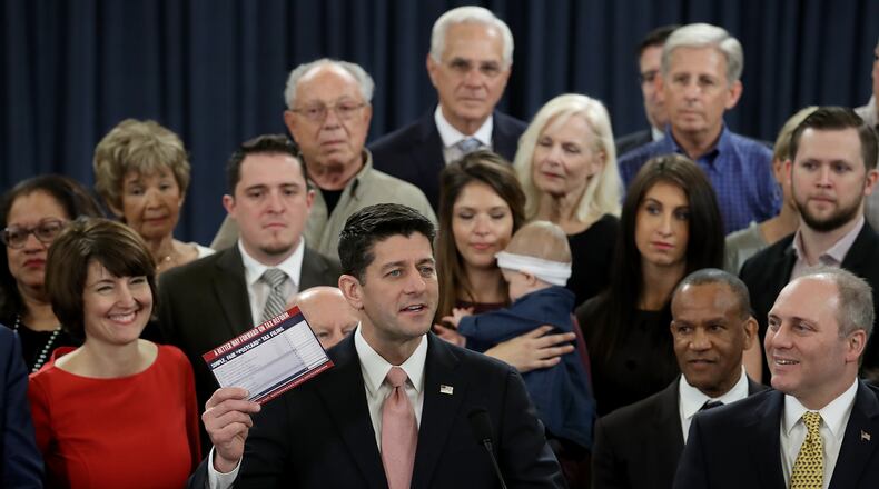 WASHINGTON, DC - NOVEMBER 02:  Speaker of the House Paul Ryan (R-WI), surrounded by American families, and members of the House Republican leadership introduces tax reform legislation November 2, 2017 in Washington, DC.  The tax reform legislation is a centerpiece of U.S. President Donald Trump's legislative agenda. (Photo by Win McNamee/Getty Images)