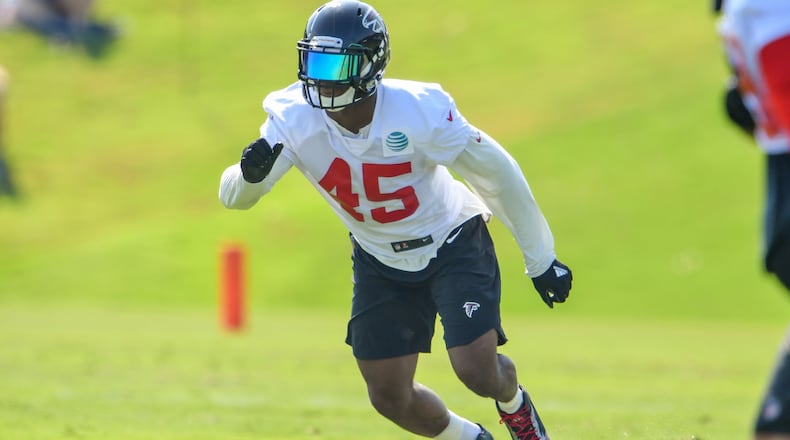 Atlanta Falcons linebacker Deion Jones (45) runs to the ball during Training Camp at Falcons Training Complex.