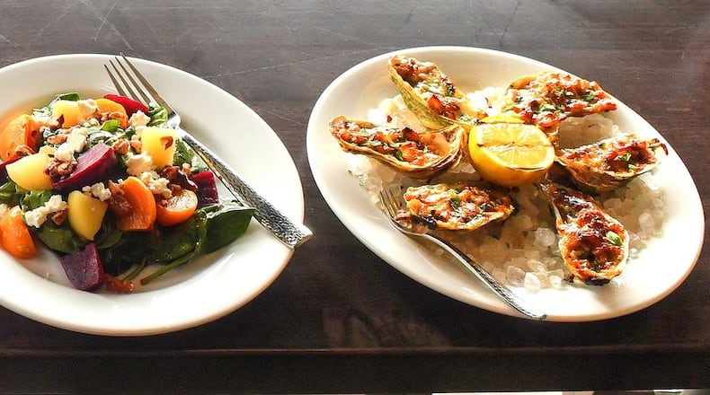 L-R: N.C. Stuffed Flounder, 12 oz. Filet, Roasted Beet Salad, Baked Oysters. CONTRIBUTED BY CHRIS HUNT PHOTOGRAPHY