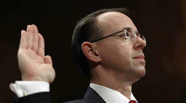 Deputy U.S. Attorney General nominee Rod Rosenstein is sworn in prior to testimony before the Senate Judiciary Committee March 7, 2017 in Washington, D.C. During the hearing, Democratic senators pressed Rosenstein to appoint a special prosecutor in an ongoing federal inquiry into Russian influence in the U.S. presidential election.