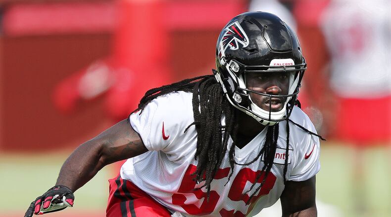 Falcons linebacker De’Vondre Campbell looks to make a tackle during training camp on Friday, July 29, 2016, in Flowery Branch.Curtis Compton /ccompton@ajc.com