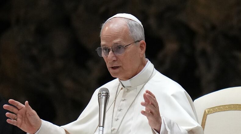 Pope Leo XIV holds his weekly general audience in the Paul VI Hall at the Vatican, Wednesday, Jan. 7, 2026. (AP Photo/Alessandra Tarantino)