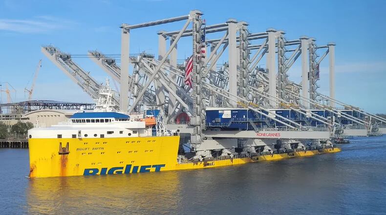 The vessel BigLift Barentsz delivered four ship-to-short cranes to the Port of Savannah on Thursday, Aug. 24, 2023. (Photo courtesy of the United States Coast Guard)