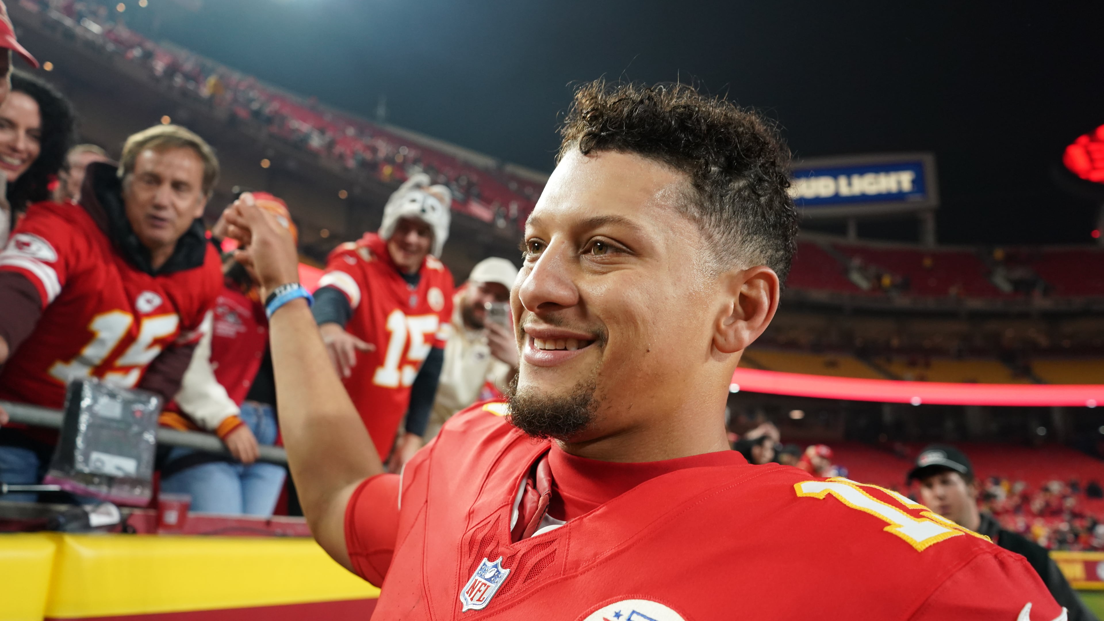 Kansas City Chiefs quarterback Patrick Mahomes smiles following an NFL football game against the Washington Commanders Monday, Oct. 27, 2025, in Kansas City, Mo. (AP Photo/Ed Zurga)