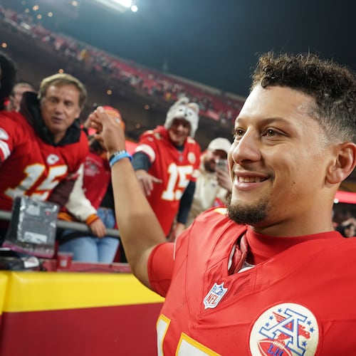 Kansas City Chiefs quarterback Patrick Mahomes smiles following an NFL football game against the Washington Commanders Monday, Oct. 27, 2025, in Kansas City, Mo. (AP Photo/Ed Zurga)