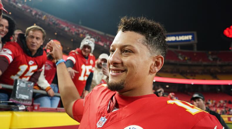 Kansas City Chiefs quarterback Patrick Mahomes smiles following an NFL football game against the Washington Commanders Monday, Oct. 27, 2025, in Kansas City, Mo. (AP Photo/Ed Zurga)