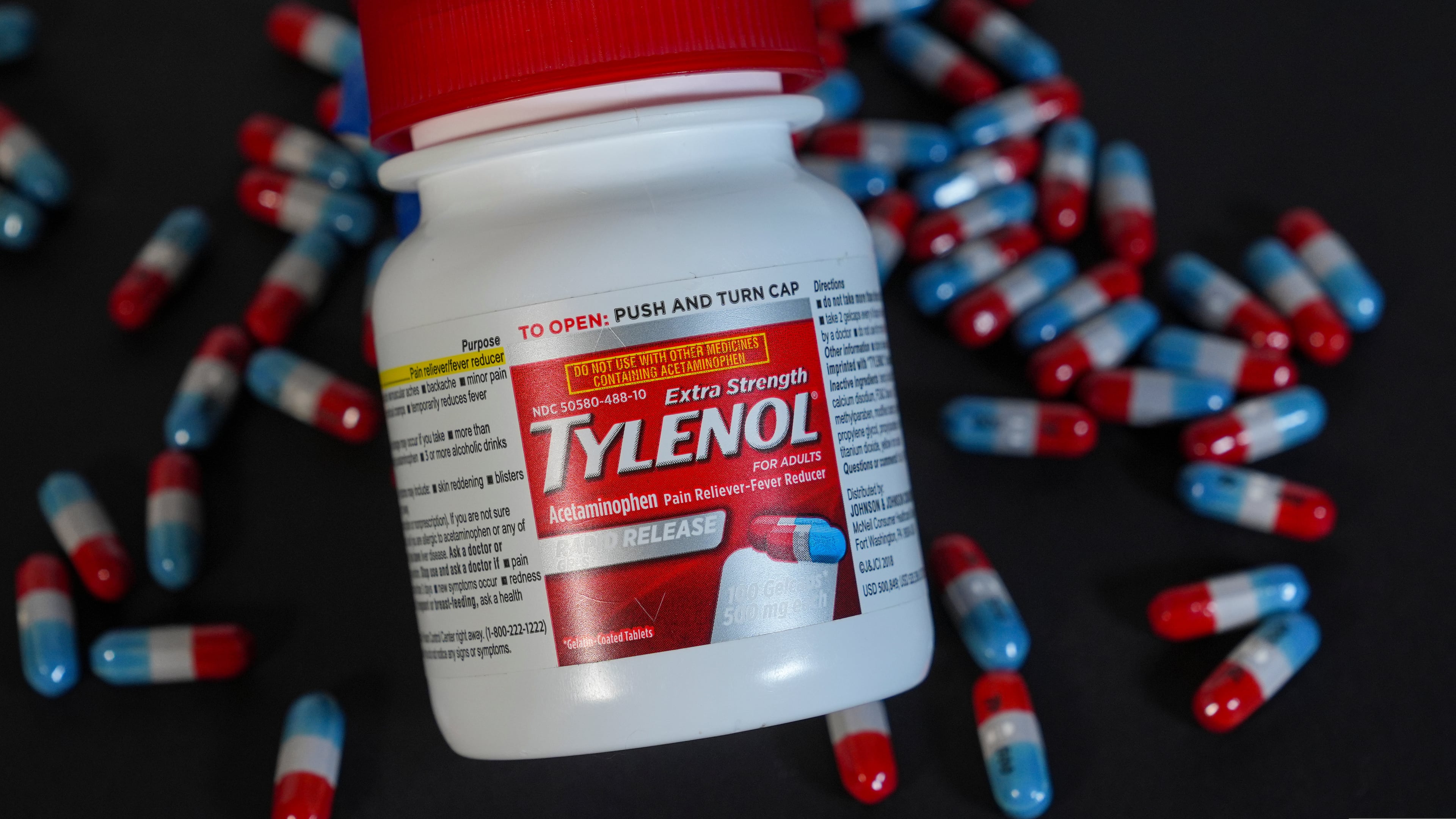 FILE - Extra Strength Tylenol is shown in Carmel, Ind., Tuesday, Sept. 23, 2025. (AP Photo/Michael Conroy, file)