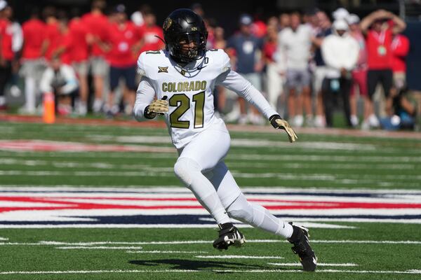 FILE - Colorado safety Shilo Sanders (21) in the first half during an NCAA college football game against Arizona, Saturday, Oct. 19, 2024, in Tucson, Ariz. (AP Photo/Rick Scuteri, File)