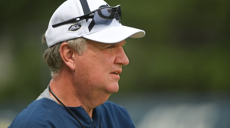August 4, 2017 Atlanta - Georgia Tech head coach Paul Johnson watches over the first the first day of Georgia Tech football practice at Rose Bowl Field in Georgia Tech campus on Friday, August 4, 2017. HYOSUB SHIN / HSHIN@AJC.COM