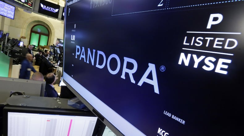 Pandora is displayed above a post where it trades on the floor of the New York Stock Exchange in 2015. (AP Photo/Richard Drew, File)