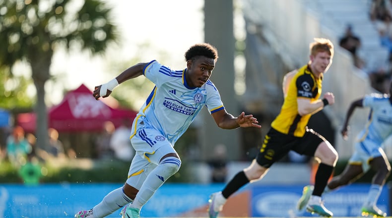 Atlanta United midfielder Ashton Gordon #62 runs during the US Open Cup match against the Charleston Battery at Patriots Point Soccer Stadium in Mount Pleasant, SC on Tuesday May 21, 2024. (Photo by Mitch Martin/Atlanta United)