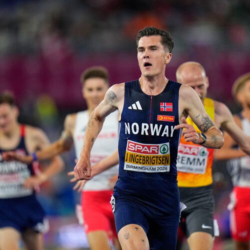 Norway's Jakob Ingebrigtsen races to win the gold medal in the men's 5,000 meters final at the European Athletics Championships in Birmingham, England, Sunday, Aug. 9, 2026. (AP Photo/Petr David Josek)