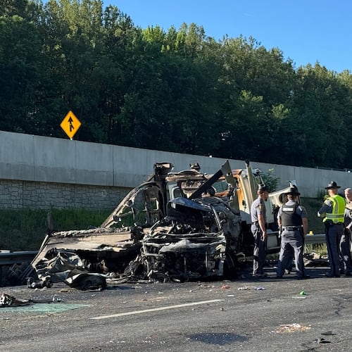 This photo provided by the Virginia State Police, shows the scene of a fatal accident involving a bus on Interstate 95 near Quantico, Va., on Friday, May 29, 2026. (Virginia State Police via AP)