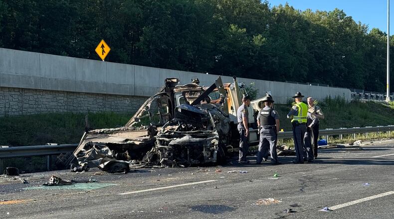 This photo provided by the Virginia State Police, shows the scene of a fatal accident involving a bus on Interstate 95 near Quantico, Va., on Friday, May 29, 2026. (Virginia State Police via AP)