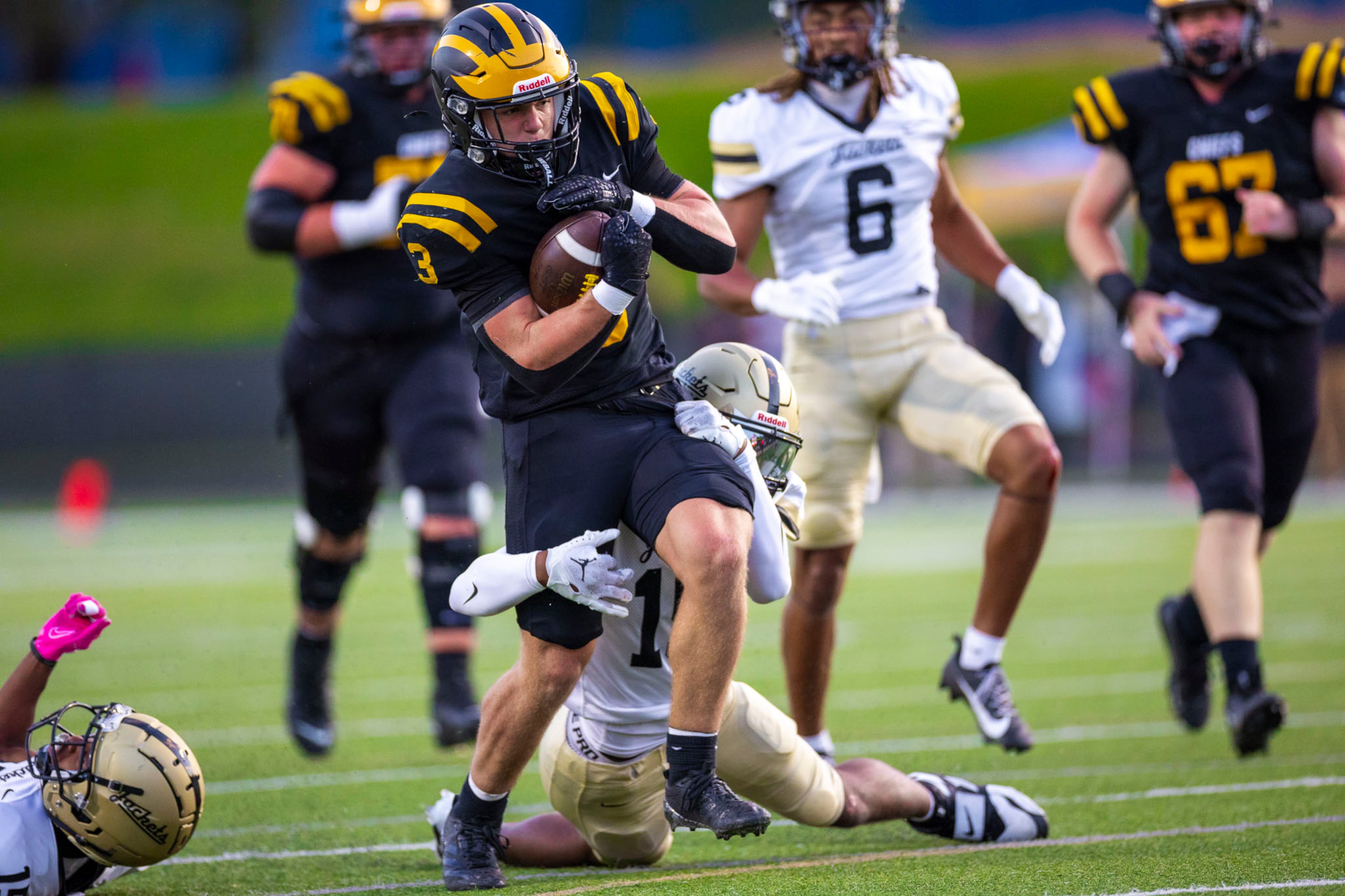 Sequoyah fullback Will Rajecki (#3) gets tackled while making a run during the first half against Sprayberry at Skip Pope Stadium in Canton, GA on Friday, Sept. 12th, 2025. (Oscar Guevara Saenz for the Atlanta Journal Constitution)