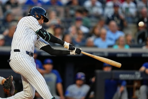 New York Yankees' Cody Bellinger hits home run during the third inning of a baseball game against the Chicago Cubs, Friday, July 11, 2025, in New York. (AP Photo/Yuki Iwamura)