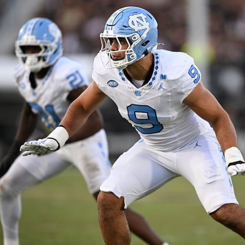FILE - North Carolina defensive lineman Melkart Abou-Jaoude (9) follows a play against Central Florida during the second half of an NCAA football game, Sept. 20, 2025, in Orlando, Fla. (AP Photo/Phelan M. Ebenhack, File)