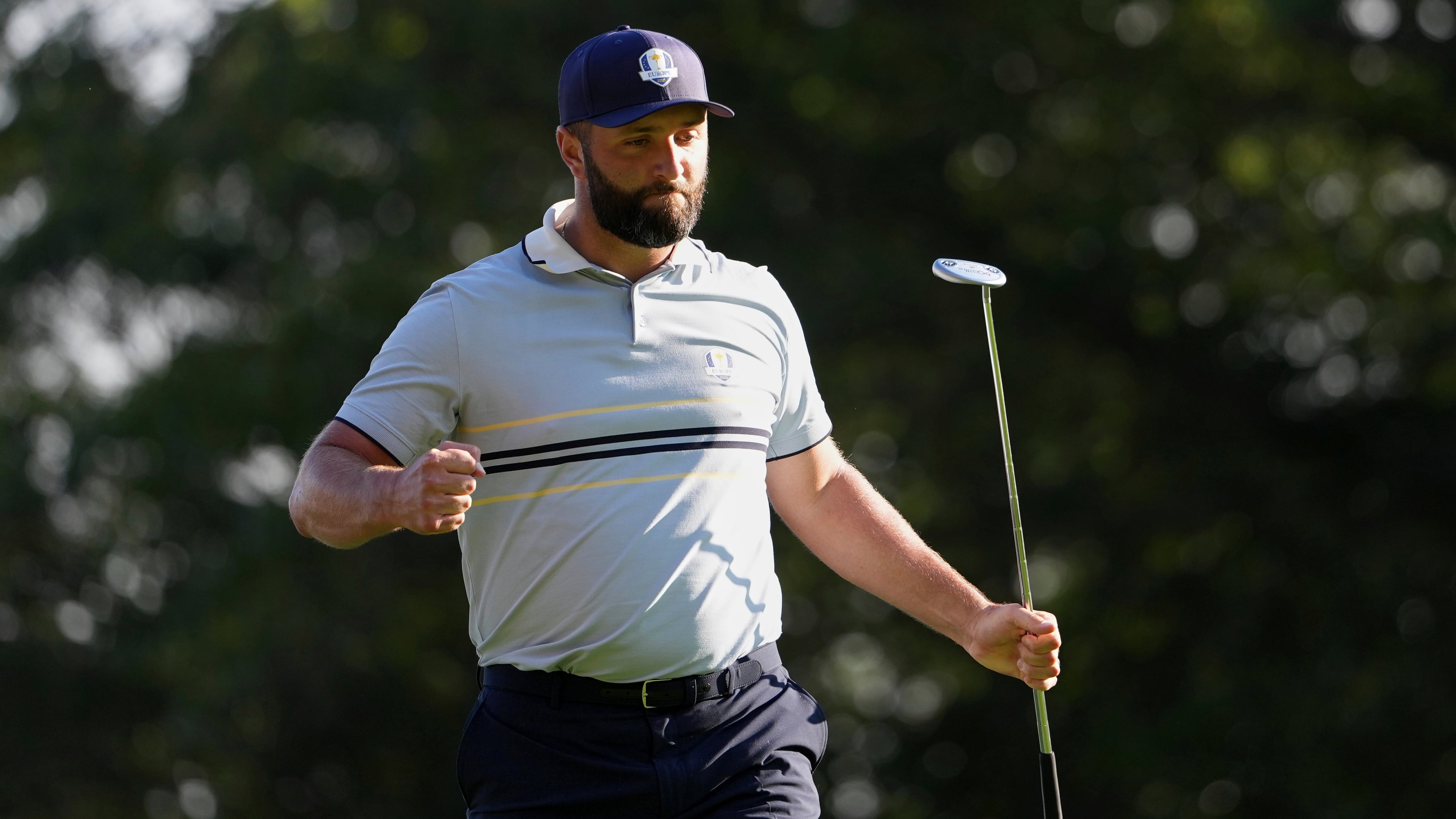 Europe's Jon Rahm celebrates on the 15th hole at Bethpage Black golf course during the Ryder Cup golf tournament, Friday, Sept. 26, 2025, in Farmingdale, N.Y. (AP Photo/Matt Slocum)