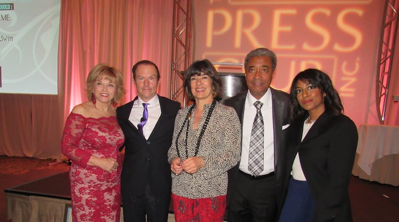 Emcee Pat Mitchell, inductee Mike Luckovich (AJC), inductee Christiane Amanpour (CNN, PBS), inductee Morse Diggs (Fox 5) and  Melora Rivera, daughter of inductee Amanda Davis (Fox 5, CBS46), who died last year. CREDIT: Rodney Ho/rho@ajc.com