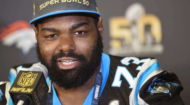 Tackle Michael Oher #73 of the Carolina Panther addresses the media prior  in 2016  (Photo by Thearon W. Henderson/Getty Images)