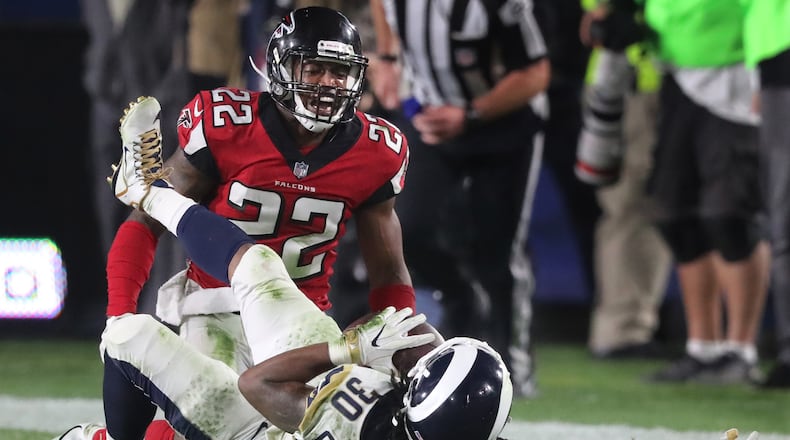 January 6, 2018 Los Angeles: Falcons safety Keanu Neal reacts to leveling Rams running back Todd Gurley with a hard hit during the second half in their NFL Wild Card Game on Saturday, January 6, 2018, in Los Angeles.    Curtis Compton/ccompton@ajc.com
