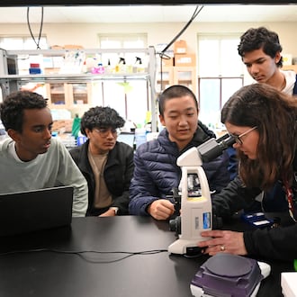 Kate Sharer, Biotechnology Teacher and iGEM Advisor, instructs her students at Lambert High School in Forsyth County in December 2024. Forsyth County Schools had the highest average ACT composite score of any district in Georgia for the graduating class of 2025. (Hyosub Shin/AJC)