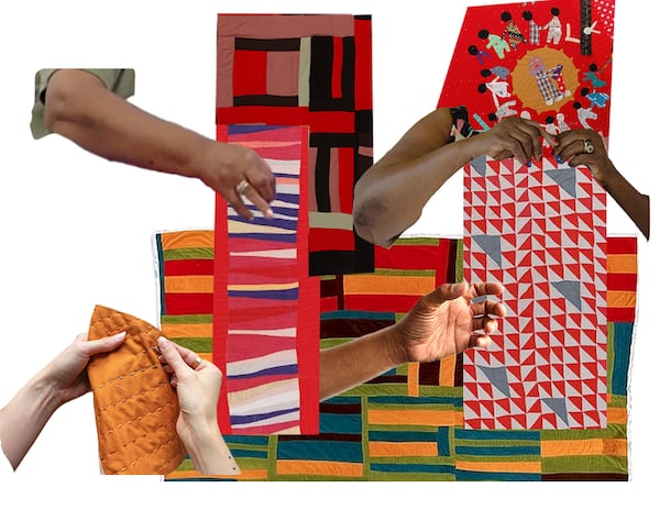 Clark created a mural at the Legacy at East Lake high-rise featuring motifs such as brick, hands, and a quilt. (Chastain Clark/Studio Chastain)