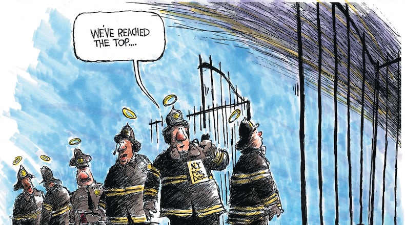Mike Luckovich editorial cartoon for Thur. Sep. 13, 2001. This is a memorial tribute to the New York City police and firefighters that perished in the terrorist atttack on the World Trade Center.