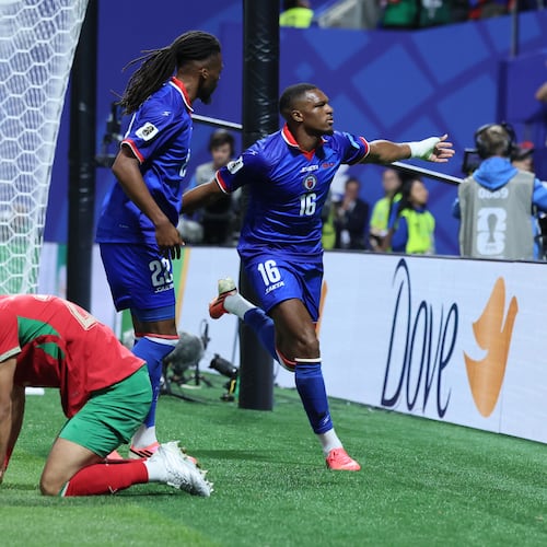 Haiti's Lenny Joseph, right, and teammate Jean-Kevin Duverne, left, celebrates his team's first goal in the World Cup and first in 52 years, as Morocco's Anass Salah Eddine is dejected, during first half of Morocco vs. Haiti Group C FIFA World Cup match at Atlanta Stadium (Mercedes-Benz Stadium) on Wednesday, June 24, 2026. (Jason Getz/AJC)