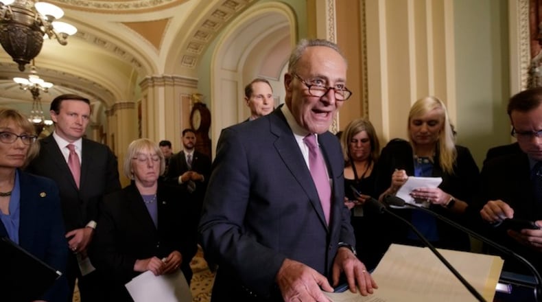 Senate Minority Leader Chuck Schumer, D-N.Y., joined by, from left, Sen. Maggie Hassan, D-N.H., Sen. Chris Murphy, D-Conn., Sen. Patty Murray, D-Wash., and Sen. Ron Wyden, D-Ore., criticizes the new Republican health care plan designed to replace Obamacare, on Capitol Hill in Washington, Tuesday, March 7, 2017. (AP Photo/J. Scott Applewhite)