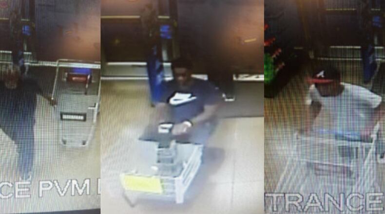 Atlanta police are asking for the public’s help to identify the three men shown in these surveillance images accused of stealing $12,000 worth of merchandise from two local Kroger stores.