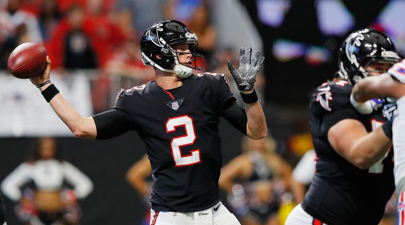 ATLANTA, GA - OCTOBER 01: Matt Ryan #2 of the Atlanta Falcons drops back to pass during the first half against the Buffalo Bills at Mercedes-Benz Stadium on October 1, 2017 in Atlanta, Georgia. (Photo by Kevin C. Cox/Getty Images)