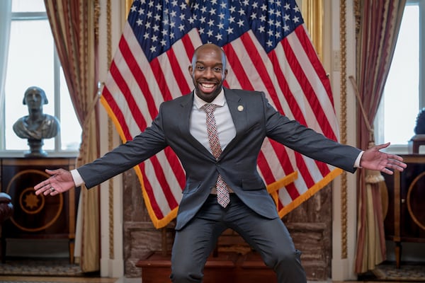 After being sworn-in on the floor of the House of Representative, Rep. Everton Blair, D-Ga., who won a special election to replace the late Georgia Rep. David Scott, celebrates at the Capitol in Washington, Tuesday, Sept. 1, 2026. (AP Photo/J. Scott Applewhite)