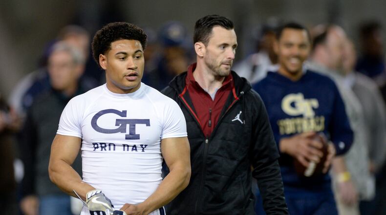March 17, 2017, Atlanta - Former Georgia Tech quarterback Justin Thomas (5) prepares to complete a drill during Pro Day at the Georgia Tech Mary R. & John F. Brock practice facility in Atlanta, Georgia, on Friday, March 17, 2017. (DAVID BARNES / SPECIAL)