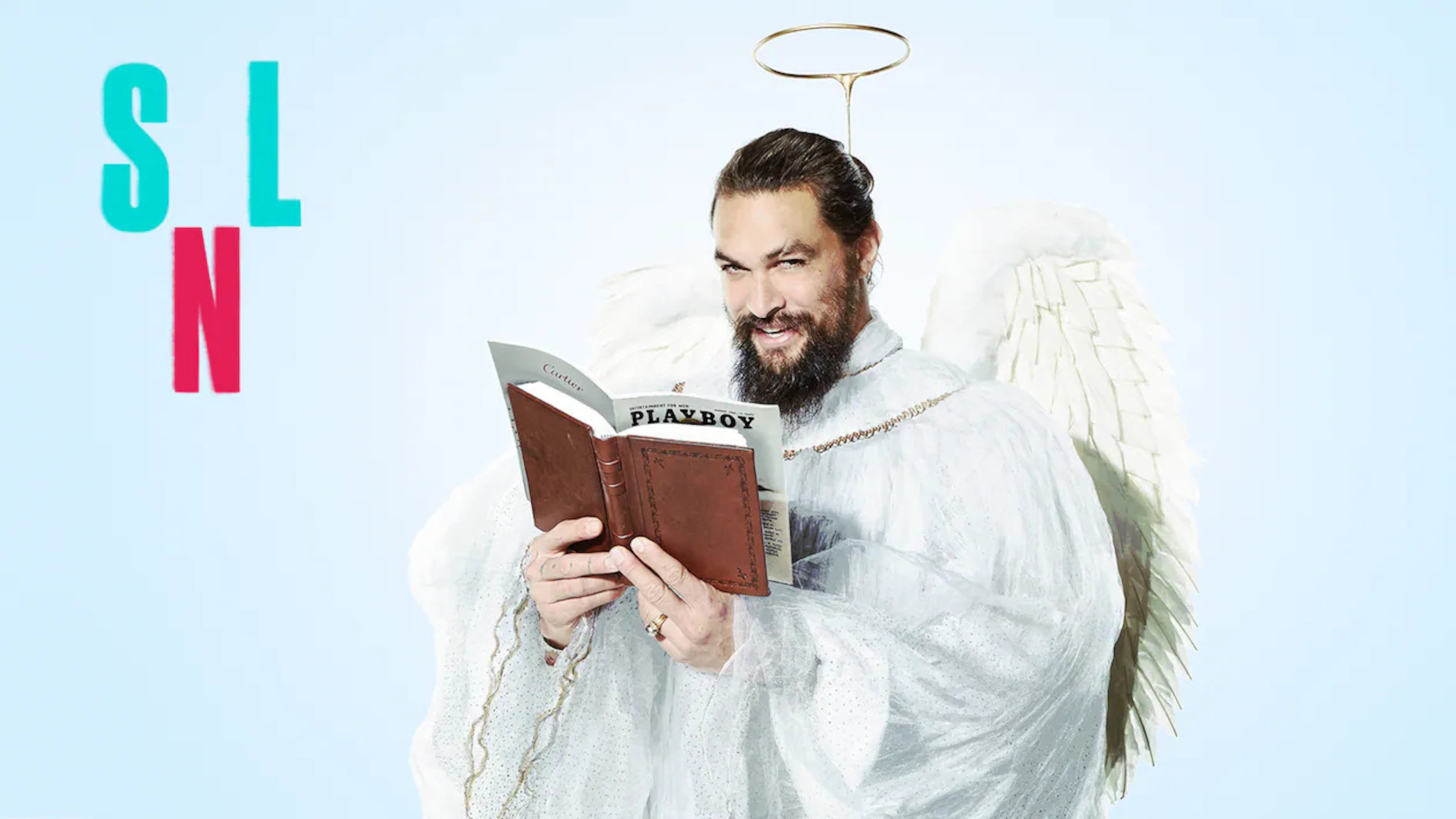 Jason Momoa plays a mischievous angel in a bumper photo featured in "The Art of the SNL Portrait." (Handout)