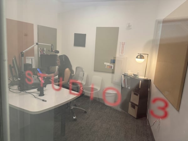 Elayna Cunningham, a college student interning at Koahnic Broadcast Corp., records a program in Studio 3 on July 10, 2025, at the Anchorage, Alaska, studios of KNBA, the flagship station for National Native News. (AP Photo/Mark Thiessen)