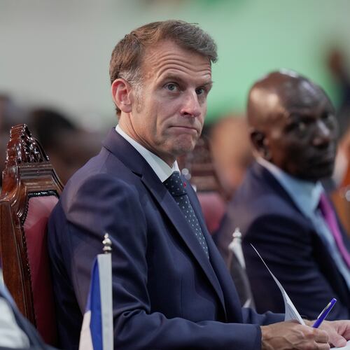 France's President Emmanuel Macron attends the Africa Forward Summit at the Kenyatta International Convention Centre in Nairobi, Kenya, Tuesday, May 12, 2026. (AP Photo/Brian Inganga)