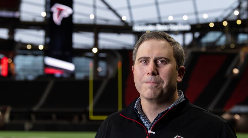 Atlanta Falcons head coach Arthur Smith poses for a portrait during his first visit to Mercedes-Benz Stadium in Atlanta, Georgia, on Thursday January 21, 2021. (Courtesy of The Atlanta Falcons)