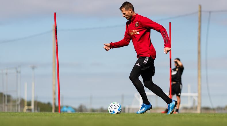 Atlanta United’s Adam Jahn dribbles the ball at training Tuesday Jan. 28, 2020, at IMG Academy in Bradenton, Fla.