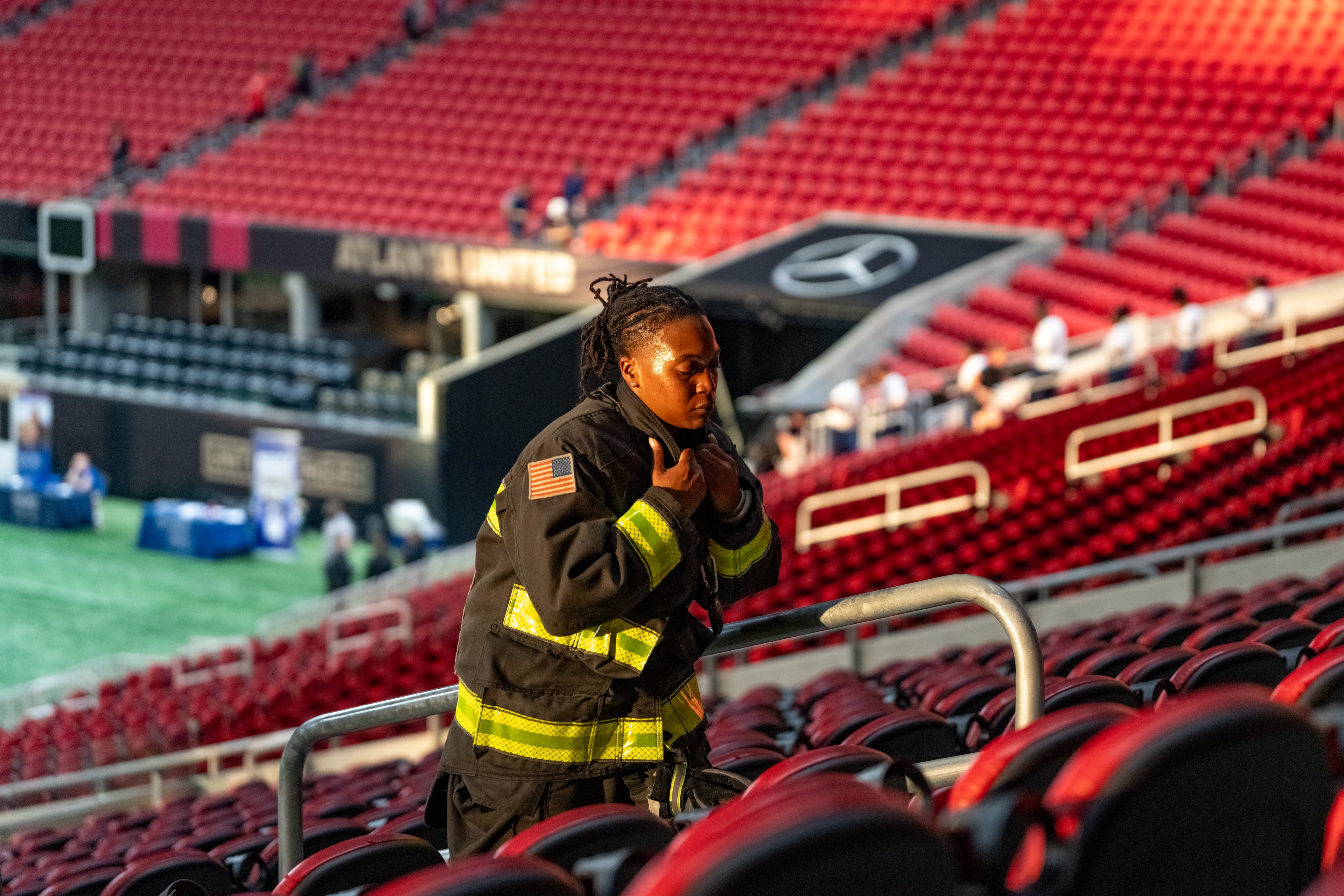 An Atlanta Firefighter participates in the 911 Memorial Stair Climb at Mercedes-Benz Stadium on the 24th anniversary of the attacks. Thursday, September 11, 2025 (Ben Hendren for the AJC)