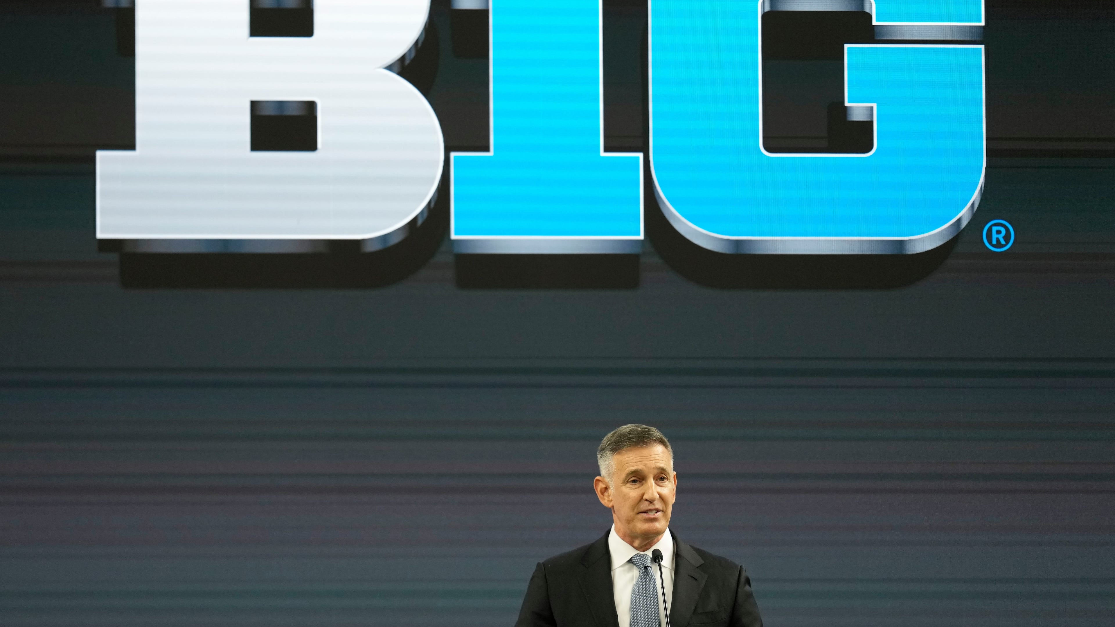 FILE - Big Ten Commissioner Tony Petitti speaks during an NCAA college football news conference at Lucas Oil Stadium, July 23, 2024, in Indianapolis. (AP Photo/Darron Cummings, File)