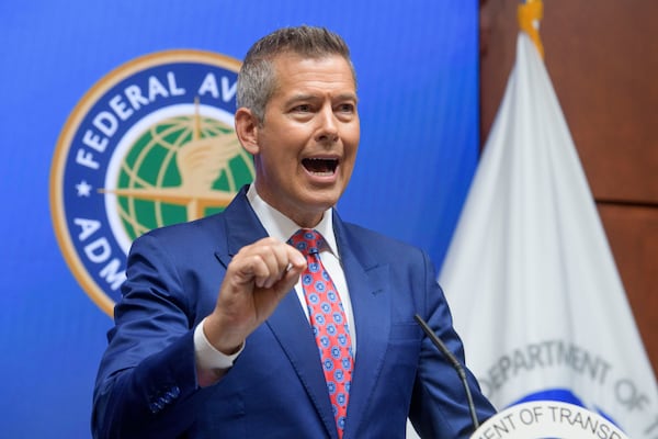Secretary of Transportation Sean Duffy speaks during a news conference to provide a status update on Newark Liberty International Airport at the Department of Transportation in Washington, Wednesday, May 28, 2025. (AP Photo/Rod Lamkey, Jr.)