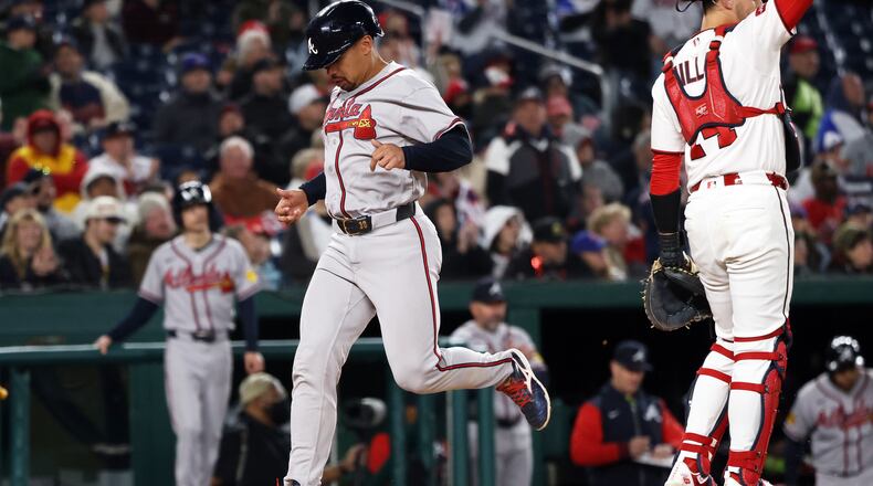 Atlanta Braves' Drake Baldwin, front left, scores during the sixth inning of a baseball game against the Washington Nationals, Monday, April 20, 2026, in Washington. (Daniel Kucin Jr./AP)