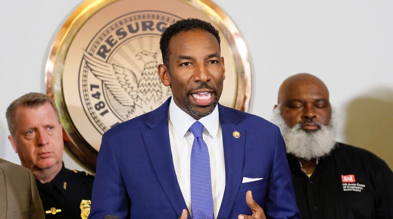 Atlanta Mayor Andre Dickens speaks to press members on Wednesday, June 5, 2024, to inform the public and the media that Atlanta’s water service has been fully restored. This announcement comes after the city endured five days of disruptions due to multiple water main breaks.
(Miguel Martinez / AJC)