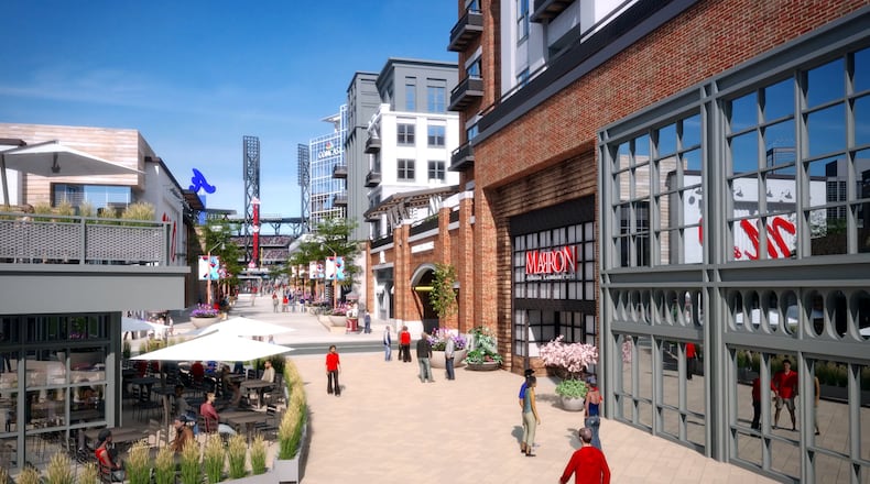 A rendering of a main street within The Battery Atlanta development shows apartments over groundfloor retail.