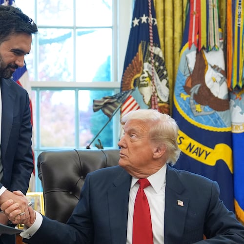 FILE - President Donald Trump shakes hands with New York City Mayor-elect Zohran Mamdani in the Oval Office of the White House, Nov. 21, 2025, in Washington. (AP Photo/Evan Vucci, File)