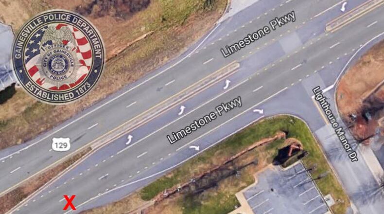 The “X” marks the spot where Bernice Thurmond was hit and killed Thursday, Gainesville police said.