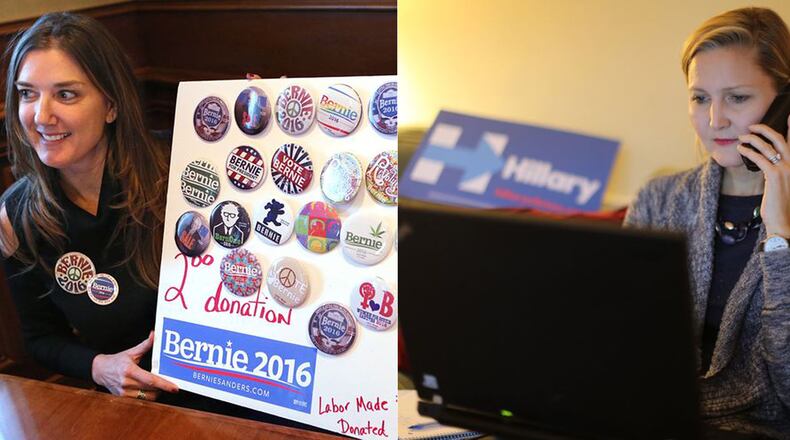 Angie Eells, left, volunteers for the Sanders campaign. Rebecca Baggett volunteers for the Hillary for America campaign.